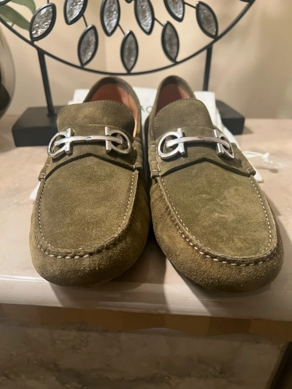 Salvatore Ferragamo Men's Olive Suede Bit Loafers - Elegant Slip-On Style